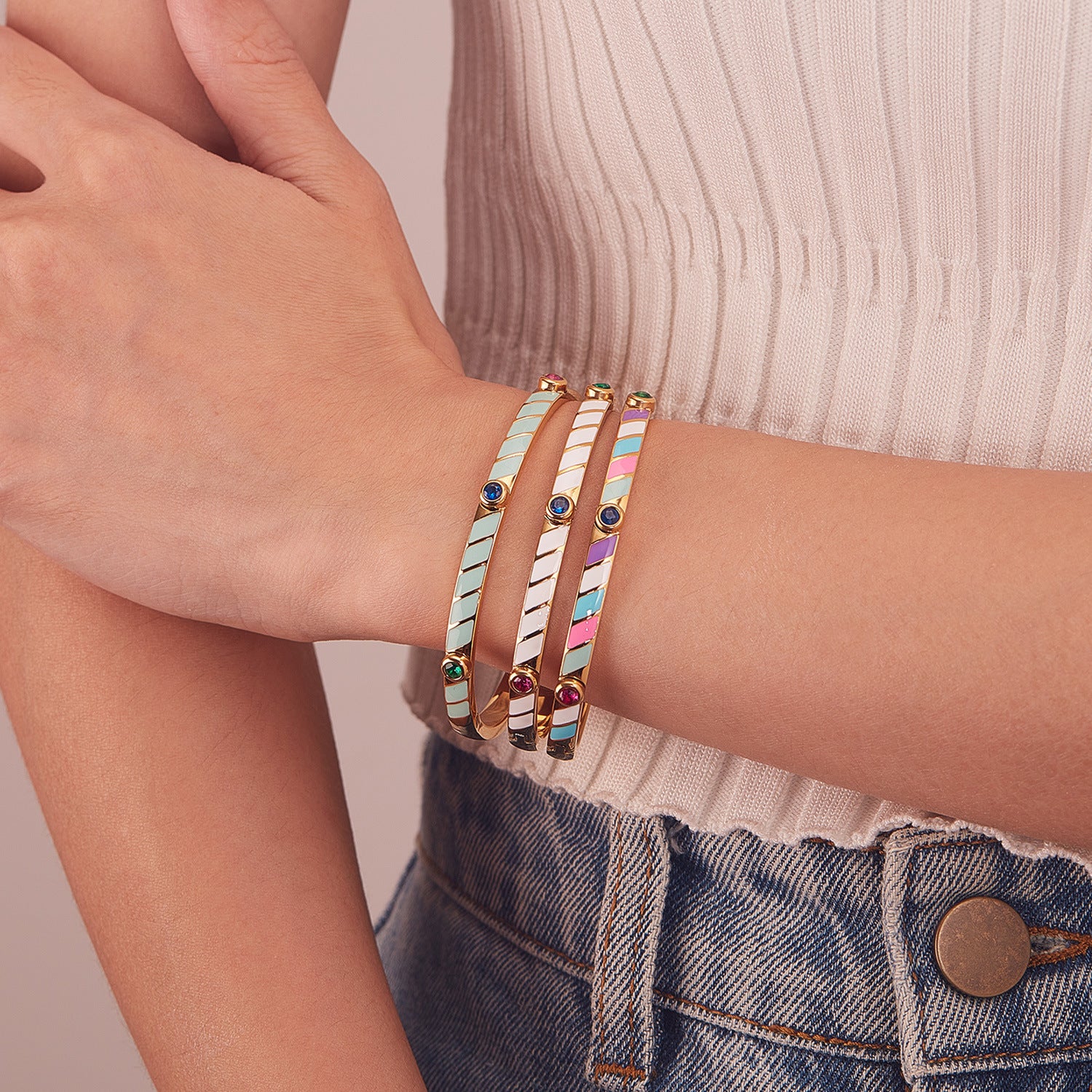 Wholesale Titanium Steel Candy Color Stripes Inlaid Zircon Stainless Steel Bracelet